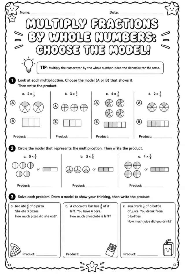 Multiply fractions by whole numbers: choose the model