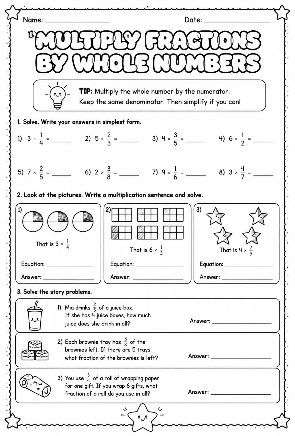 Multiply fractions by whole numbers — free printable Grade 4 math worksheet