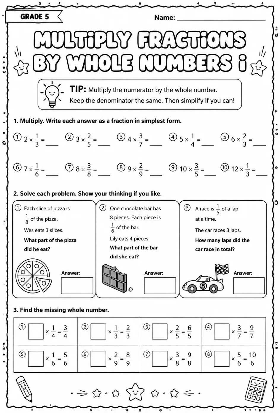 Multiply fractions by whole numbers I — free printable Grade 5 math worksheet