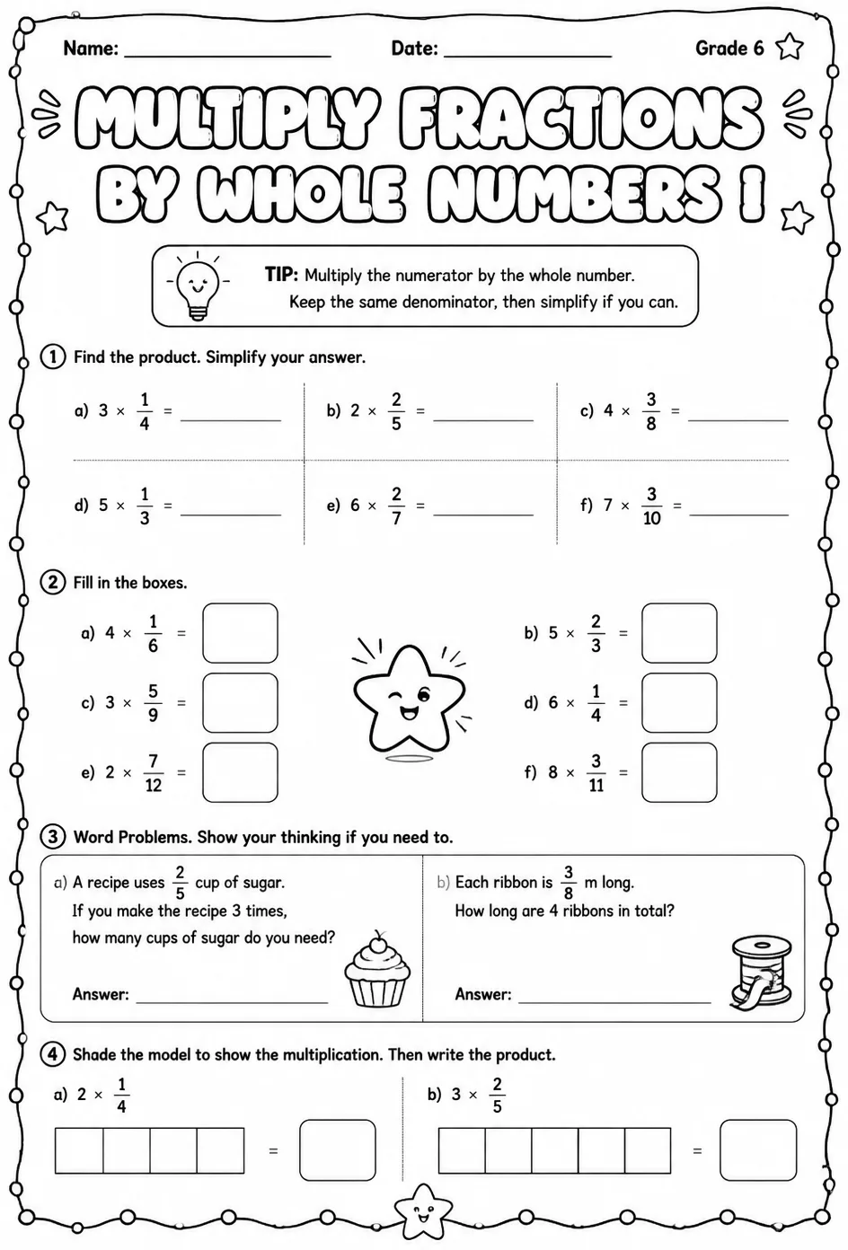 Multiply fractions by whole numbers I — free printable Grade 6 math worksheet