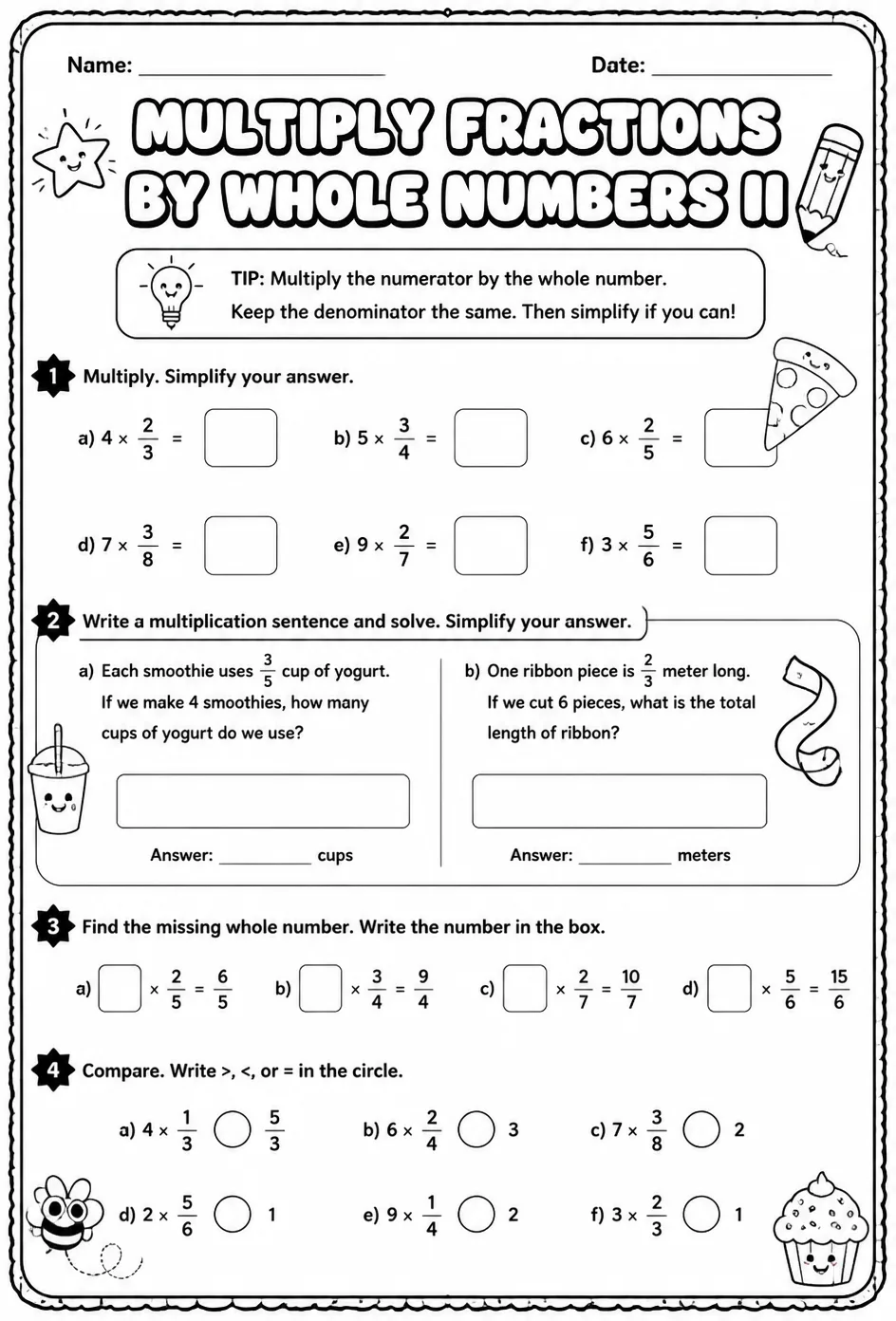 Multiply fractions by whole numbers II — free printable Grade 5 math worksheet