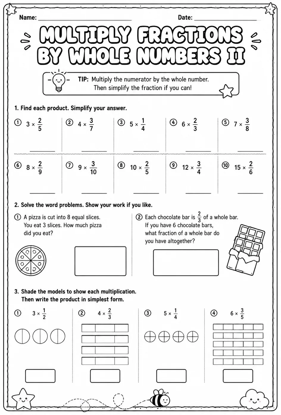 Multiply fractions by whole numbers II — free printable Grade 6 math worksheet