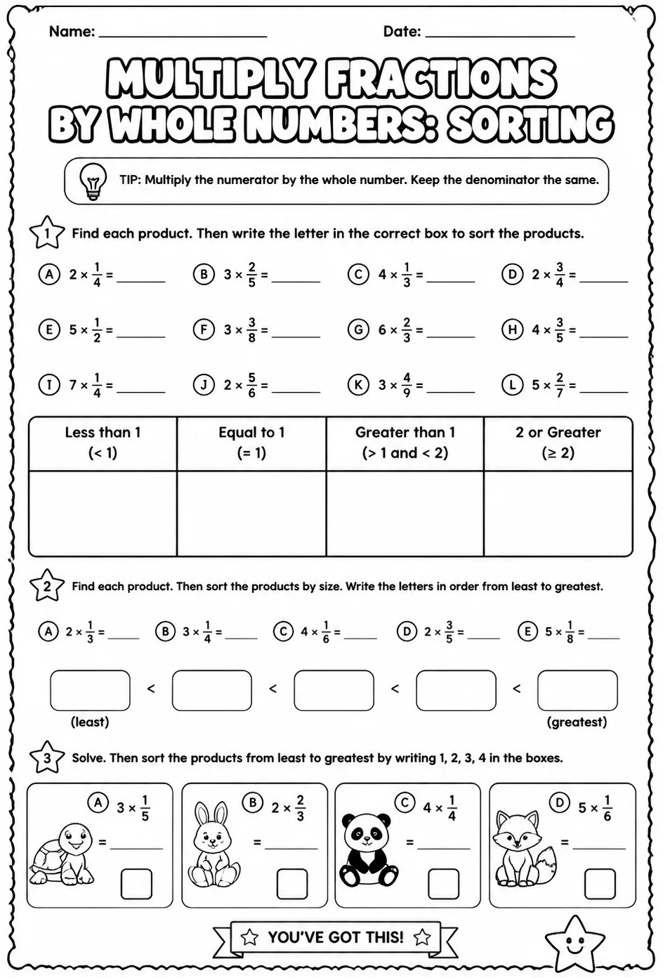Multiply fractions by whole numbers: sorting — free printable Grade 4 math worksheet