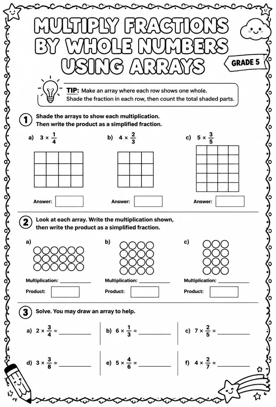 Multiply fractions by whole numbers using arrays — free printable Grade 5 math worksheet