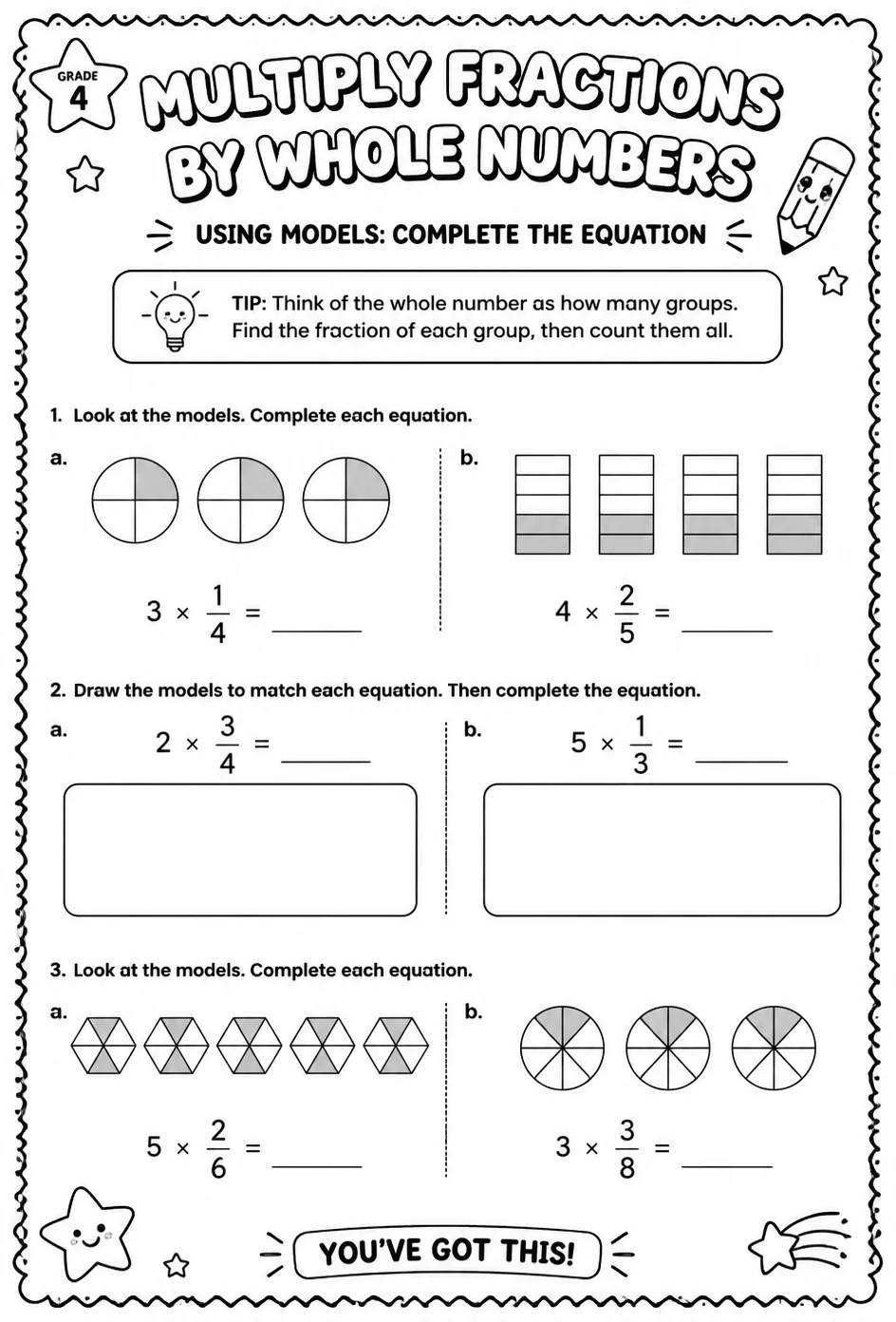 Multiply fractions by whole numbers using models: complete the equation — free printable Grade 4 math worksheet