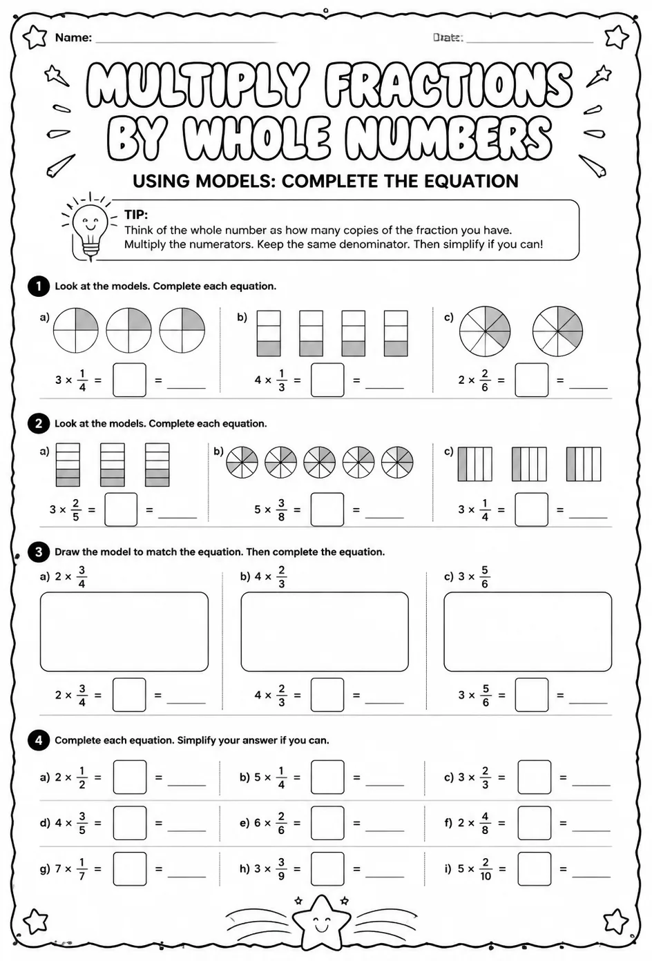 Multiply fractions by whole numbers using models: complete the equation — free printable Grade 5 math worksheet
