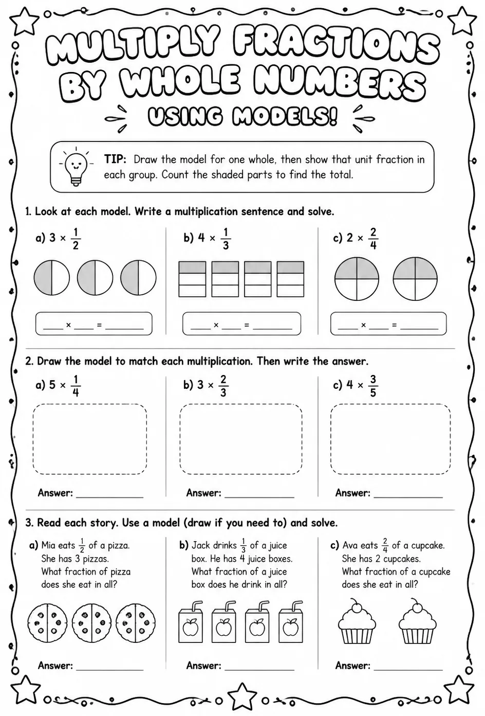Multiply fractions by whole numbers using models — free printable Grade 4 math worksheet