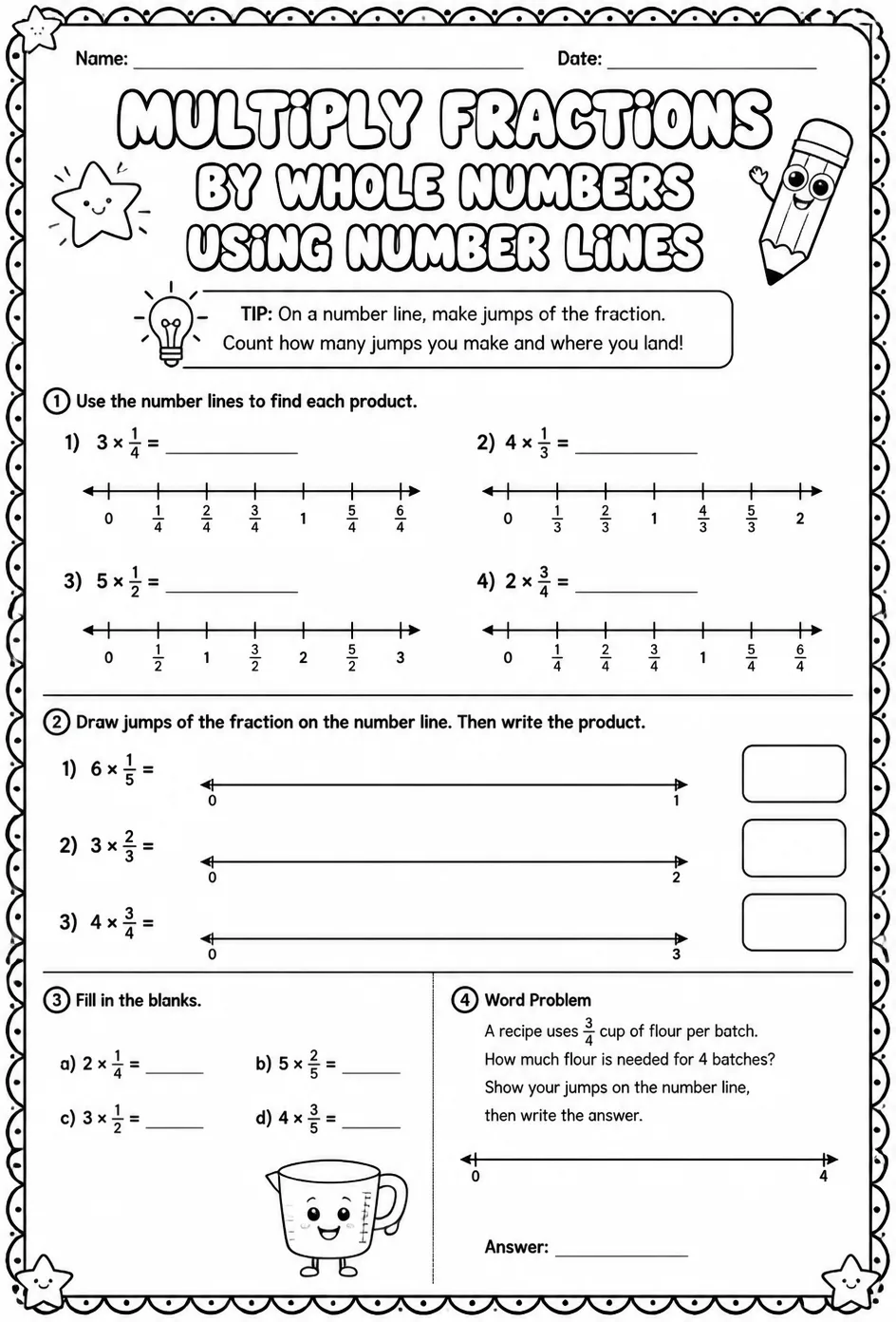 Multiply fractions by whole numbers using number lines — free printable Grade 4 math worksheet