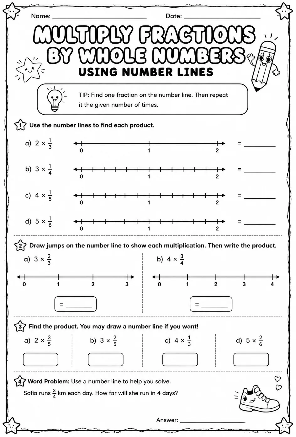 Multiply fractions by whole numbers using number lines — free printable Grade 5 math worksheet