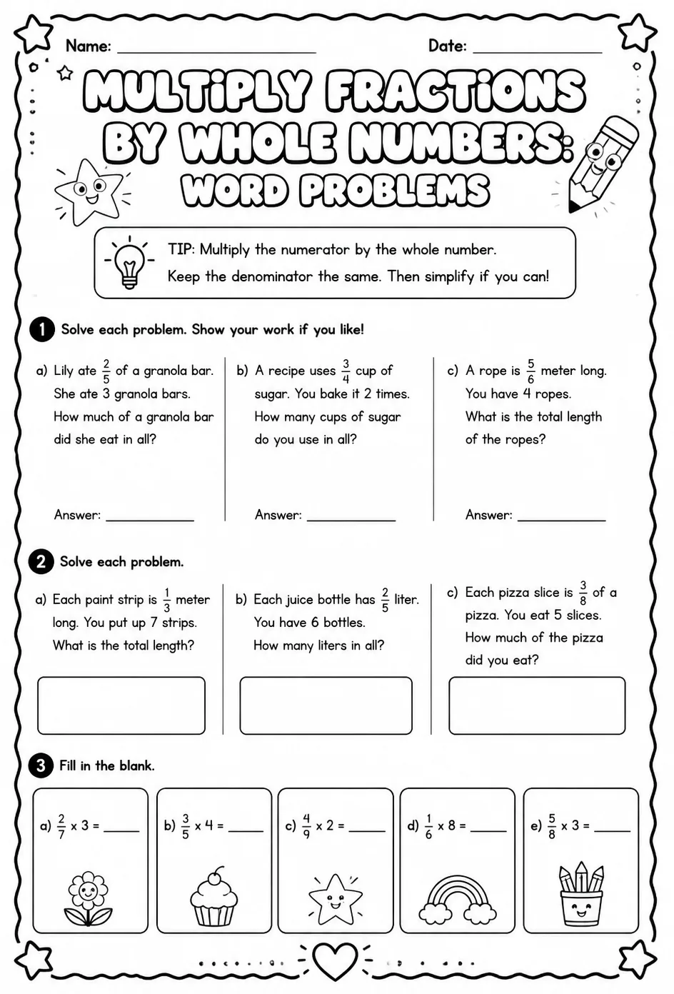 Multiply fractions by whole numbers: word problems — free printable Grade 4 math worksheet