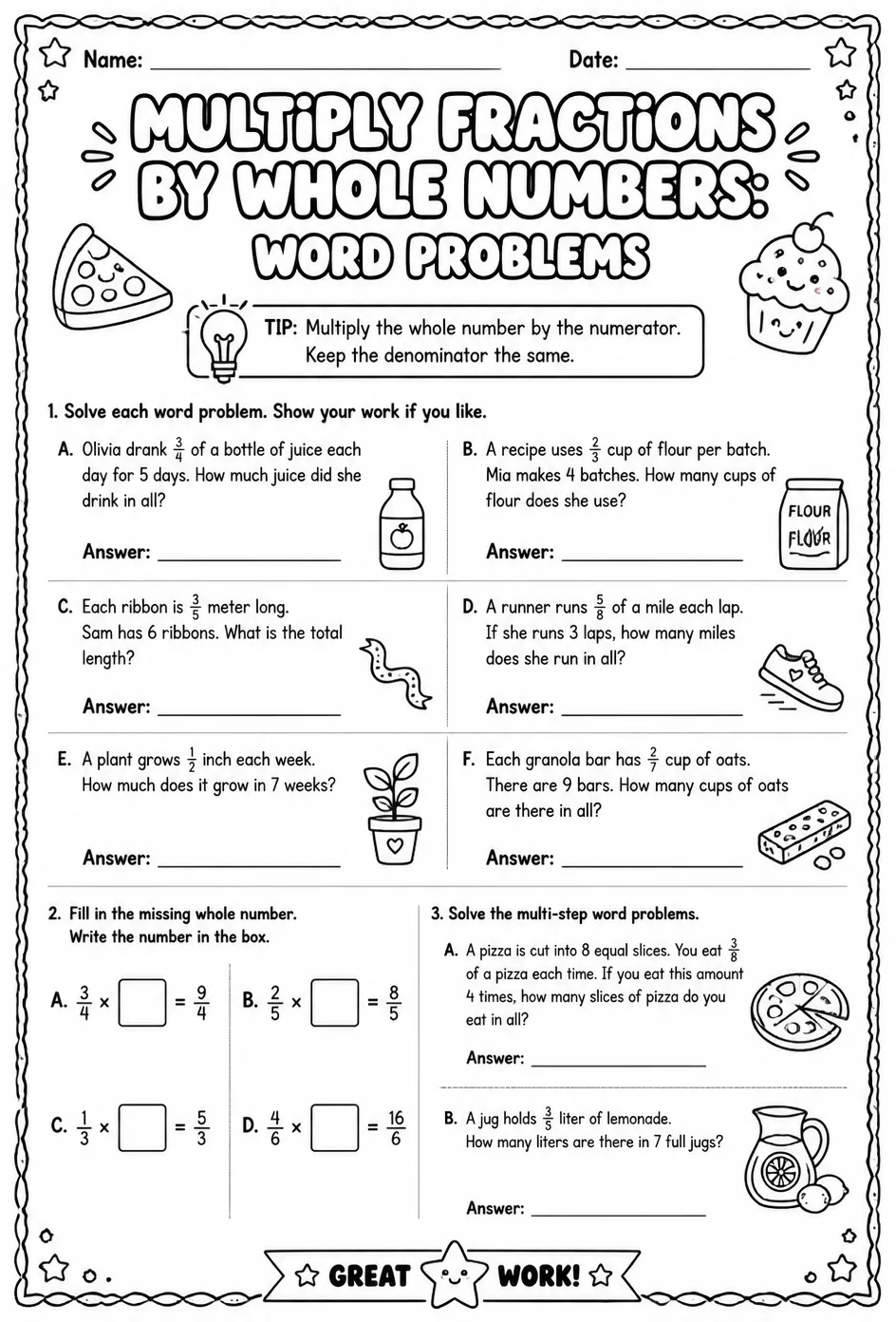 Multiply fractions by whole numbers: word problems — free printable Grade 5 math worksheet