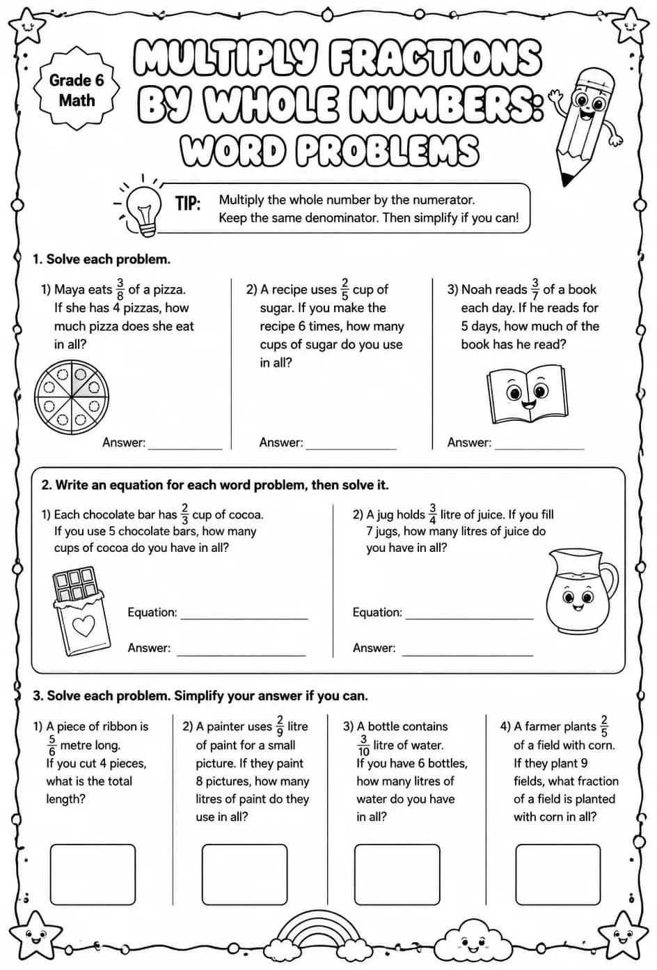 Multiply fractions by whole numbers: word problems — free printable Grade 6 math worksheet