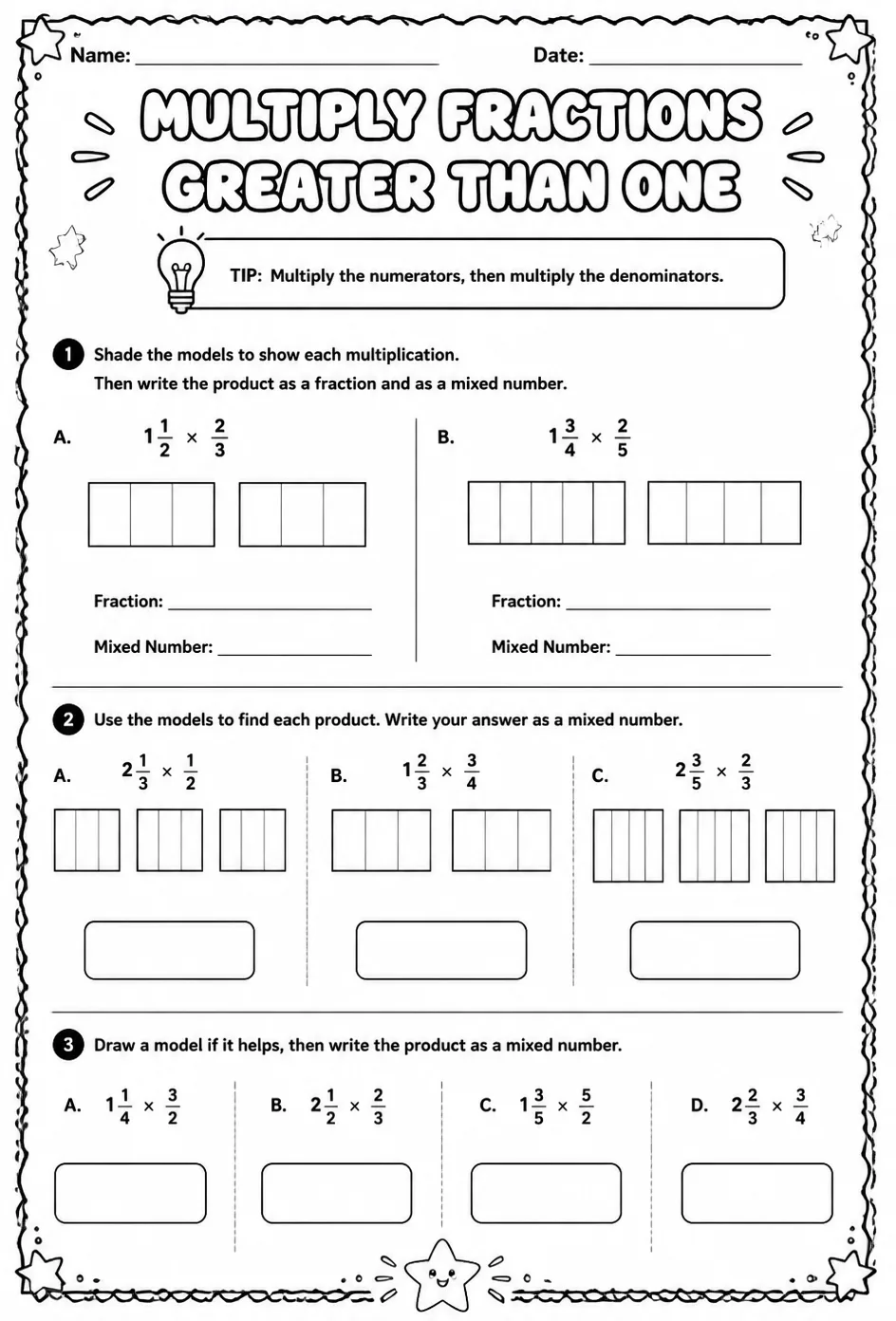 Multiply fractions greater than one using models — free printable Grade 5 math worksheet