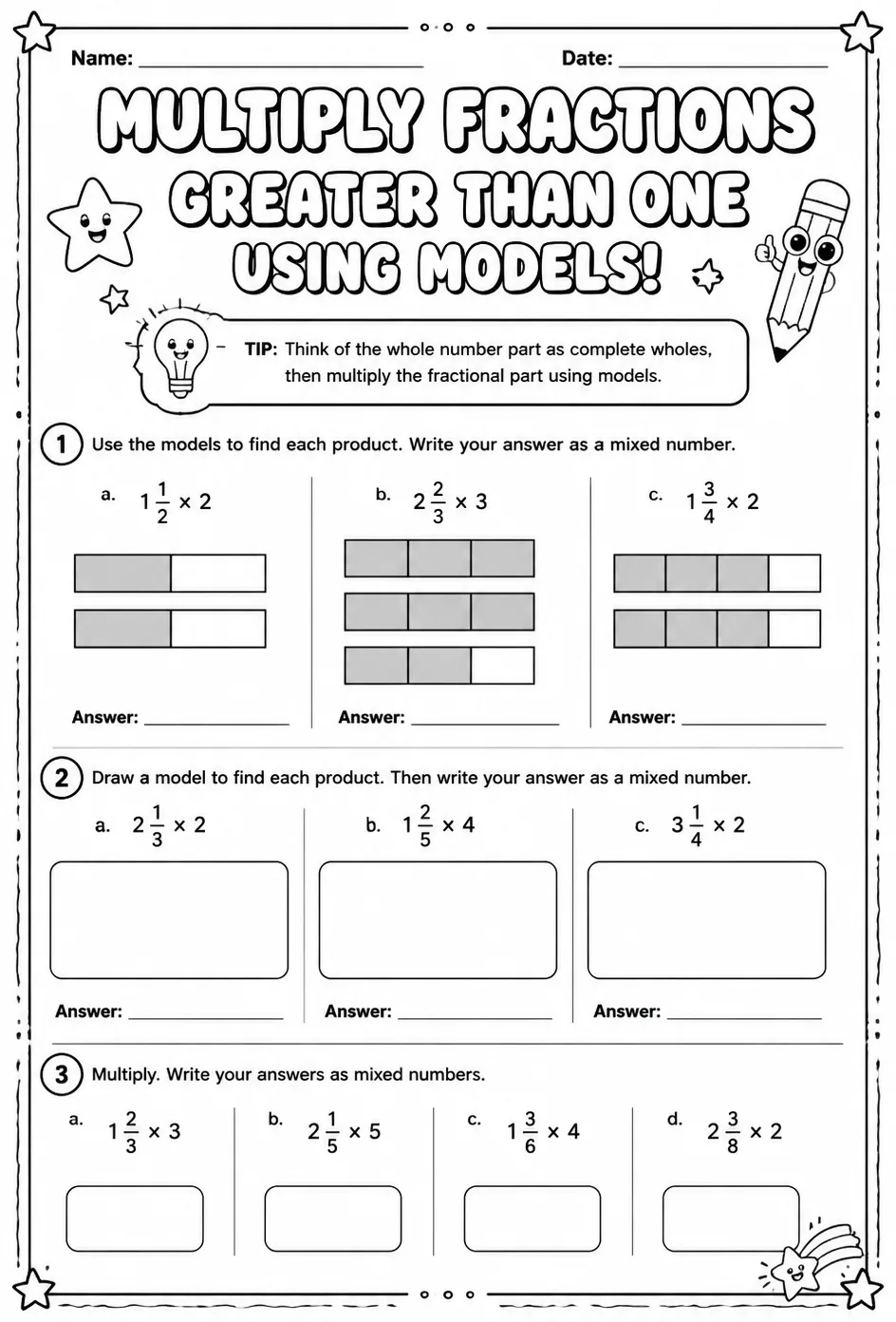 Multiply fractions greater than one using models — free printable Grade 6 math worksheet