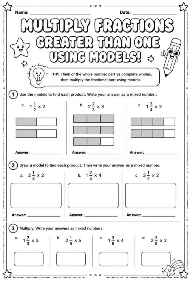 Multiply fractions greater than one using models