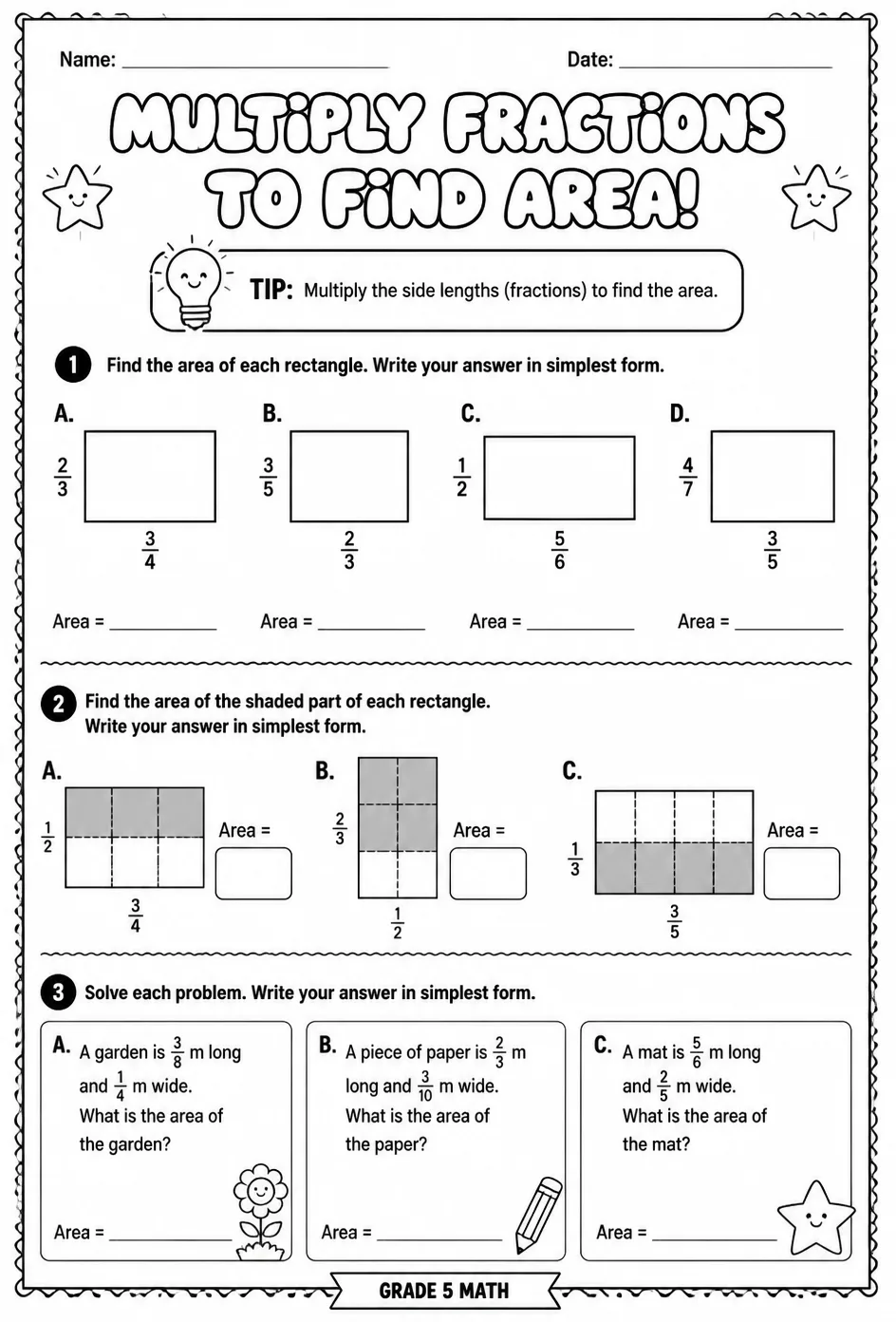 Multiply fractions to find area — free printable Grade 5 math worksheet