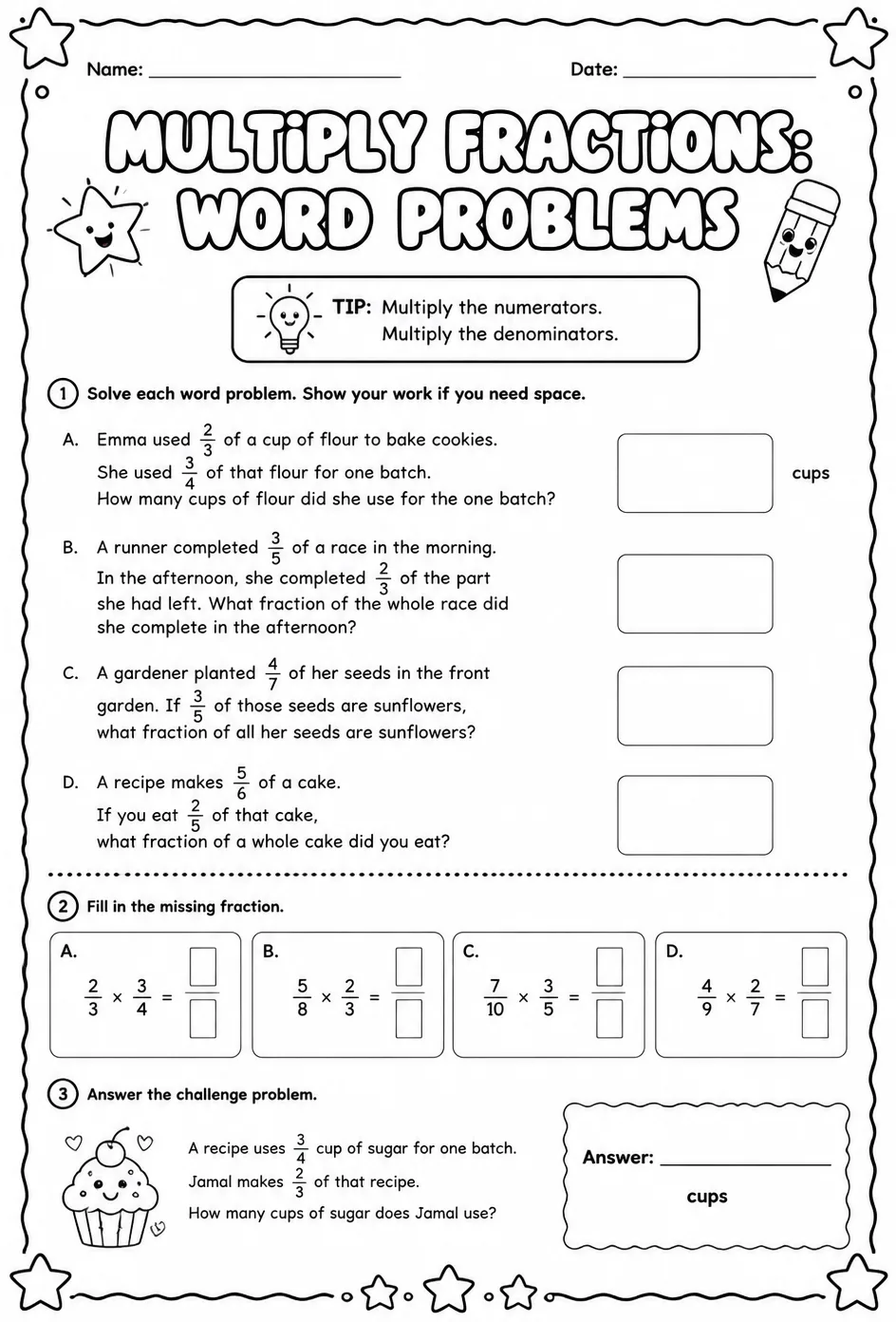 Multiply fractions: word problems — free printable Grade 6 math worksheet
