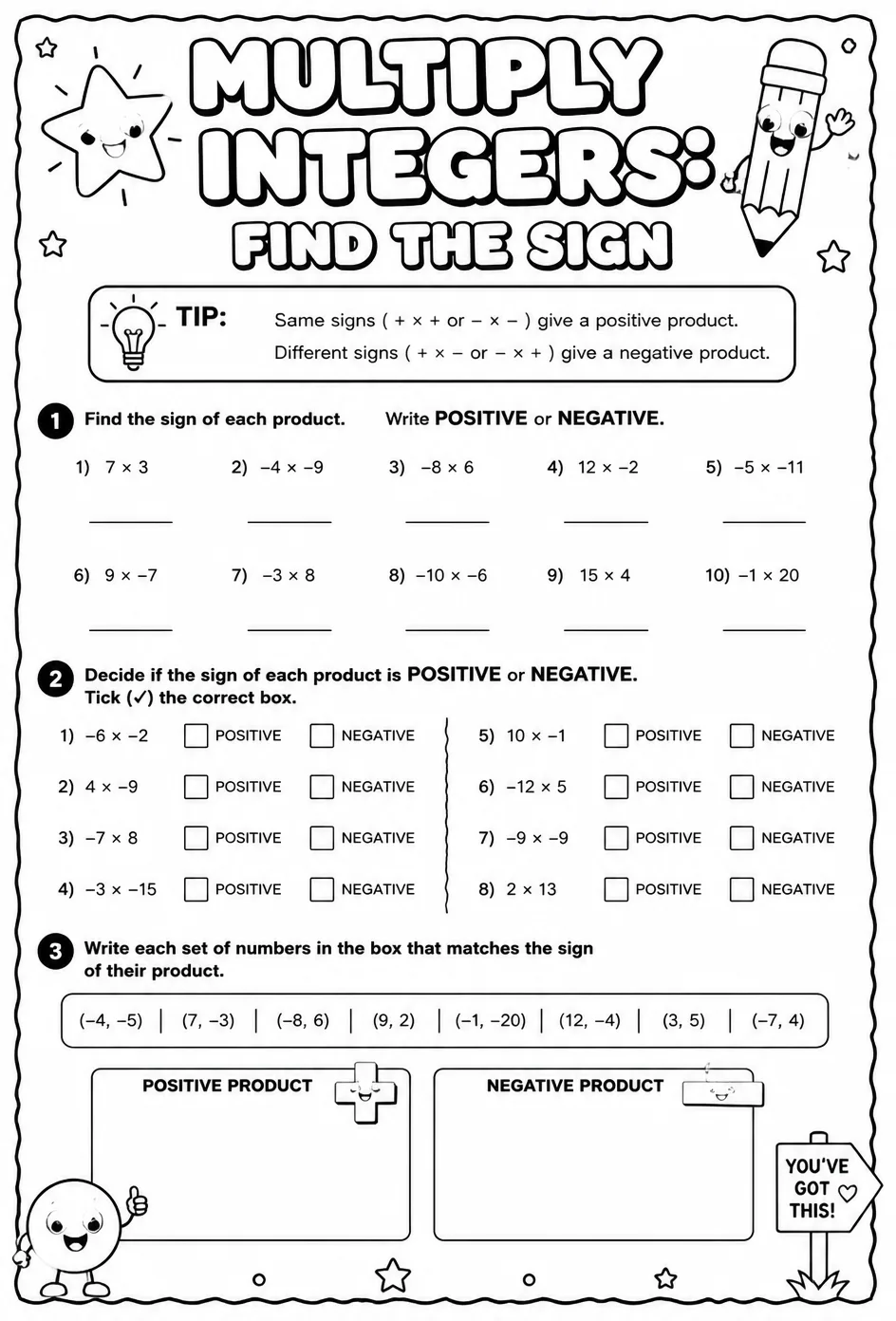 Multiply integers: find the sign — free printable Grade 6 math worksheet