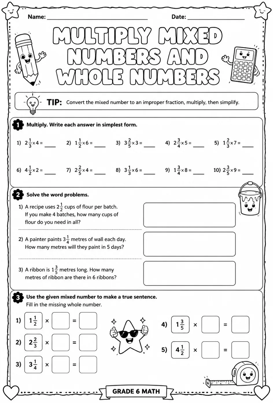 Multiply mixed numbers and whole numbers — free printable Grade 6 math worksheet