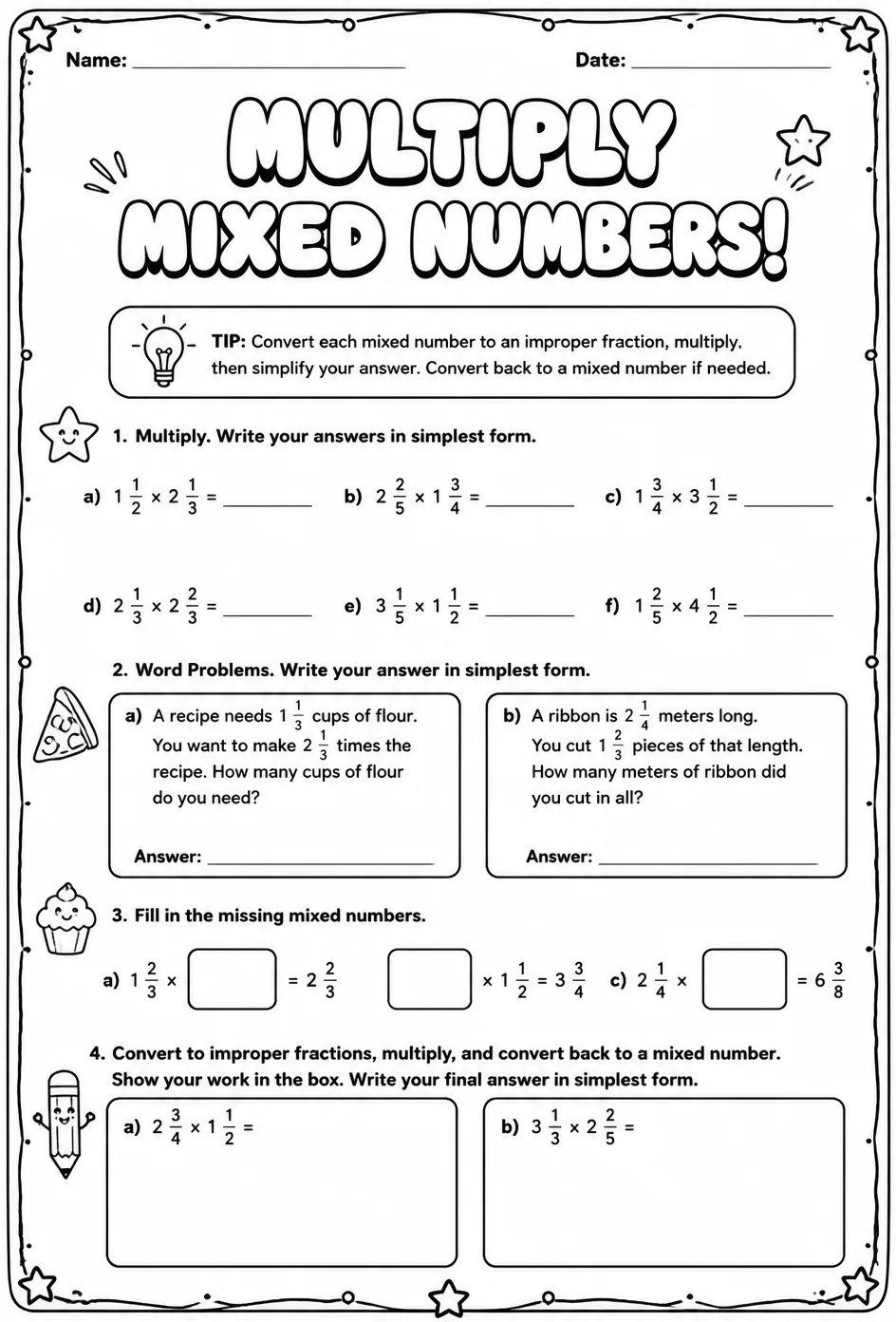 Multiply mixed numbers — free printable Grade 7 math worksheet