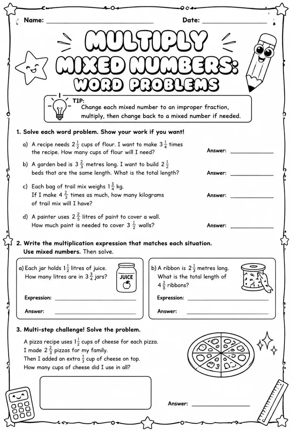 Multiply mixed numbers: word problems — free printable Grade 6 math worksheet