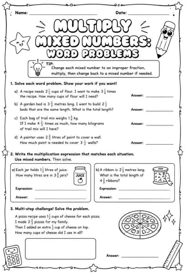 Multiply mixed numbers: word problems