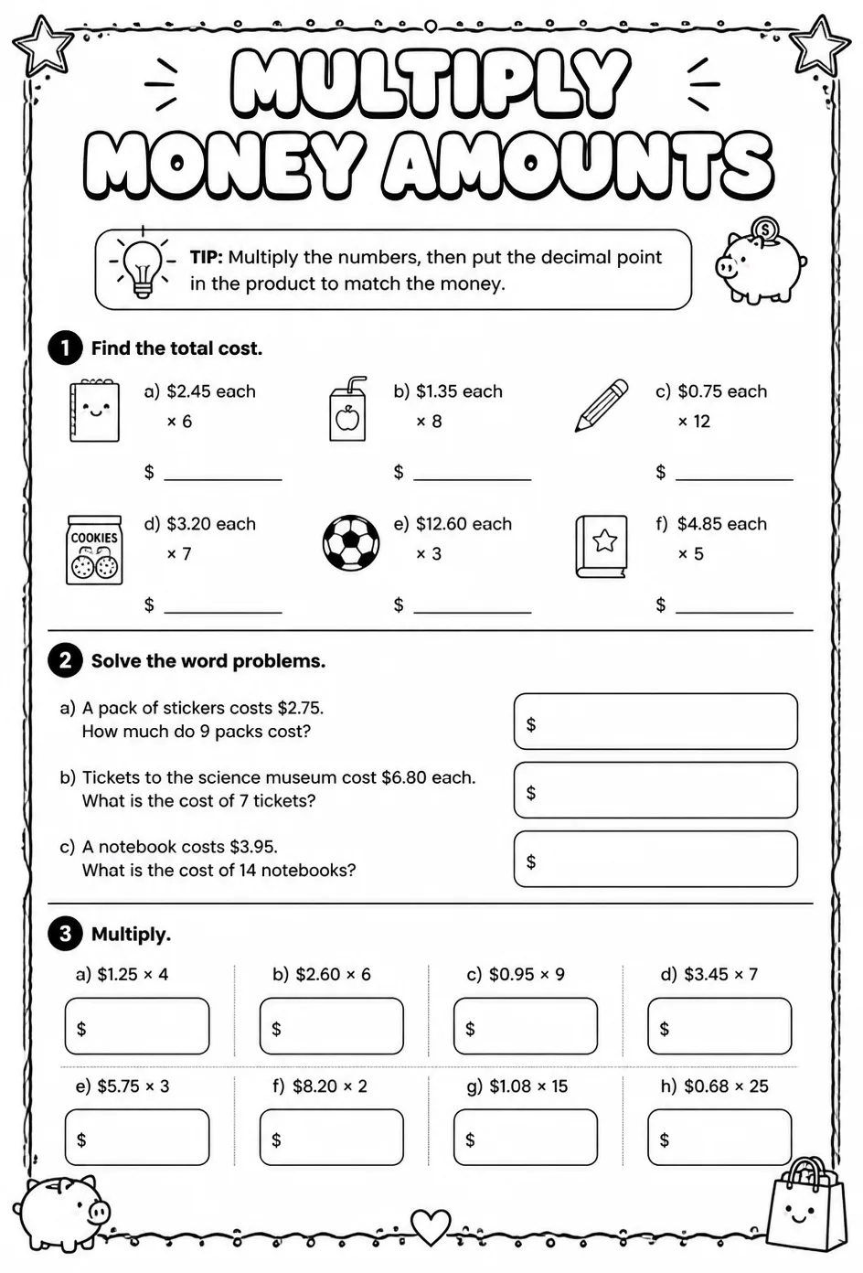 Multiply money amounts — free printable Grade 5 math worksheet