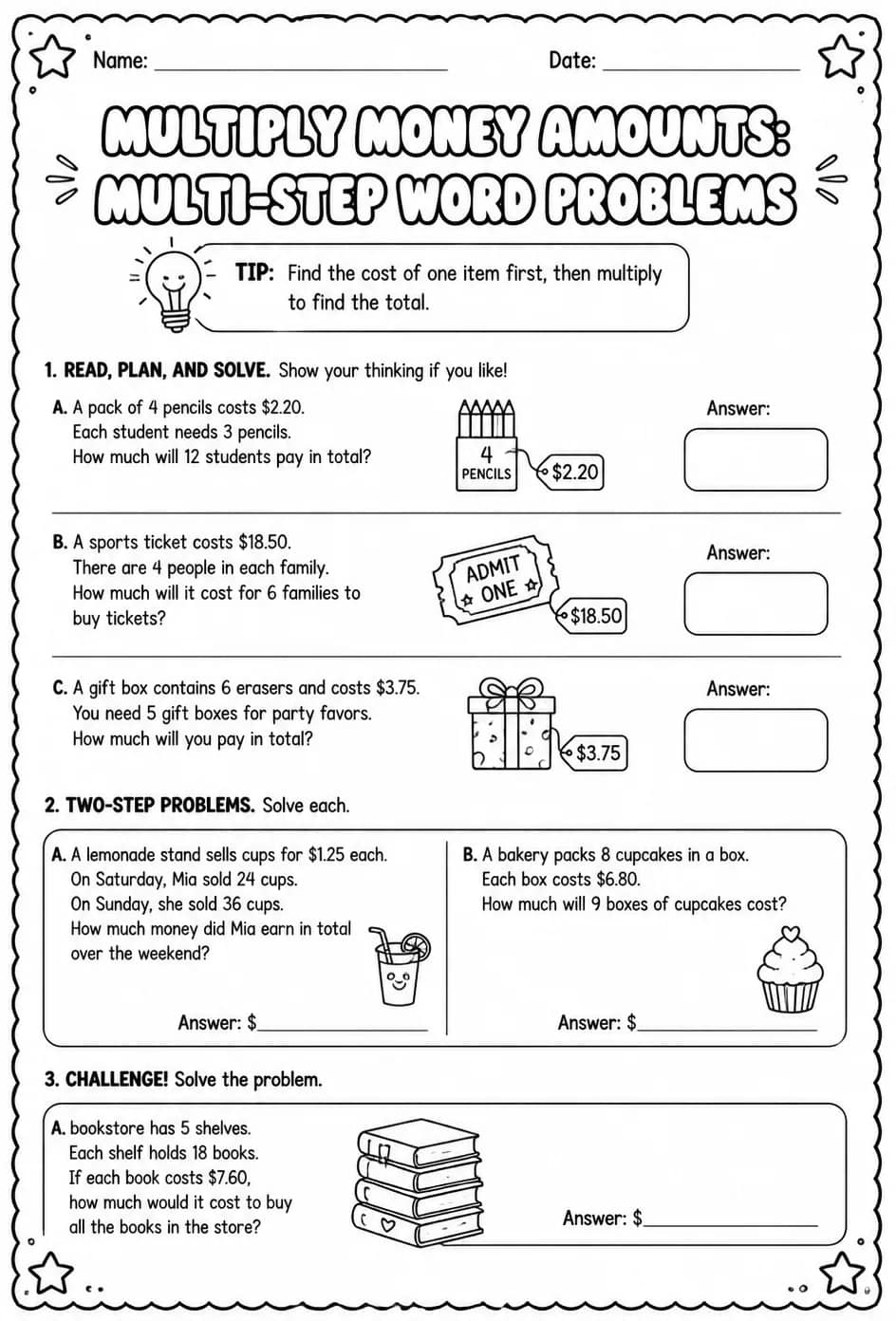 Multiply money amounts: multi-step word problems — free printable Grade 5 math worksheet