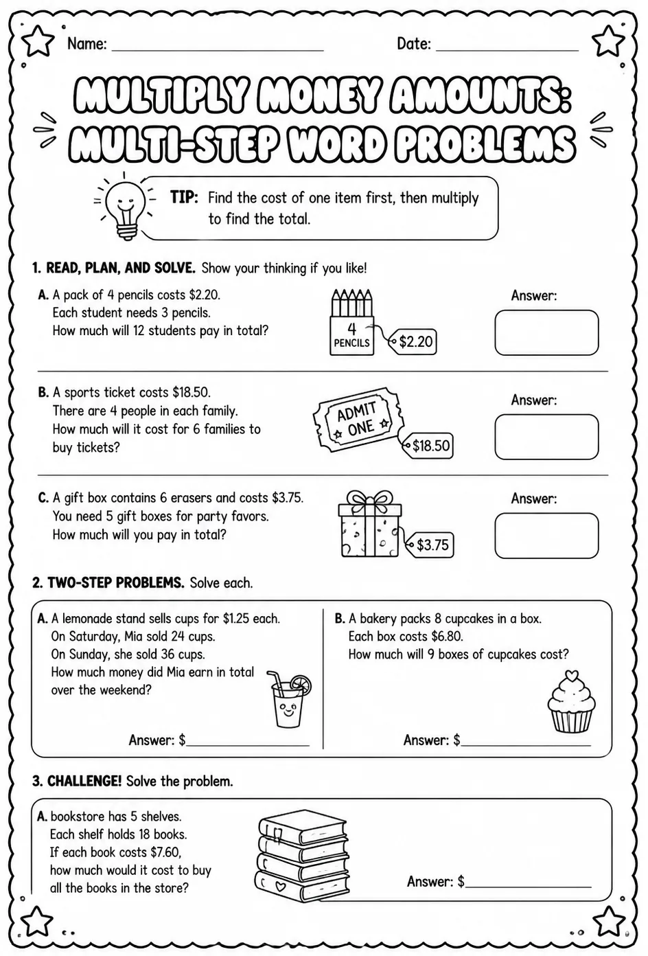 Multiply money amounts: multi-step word problems