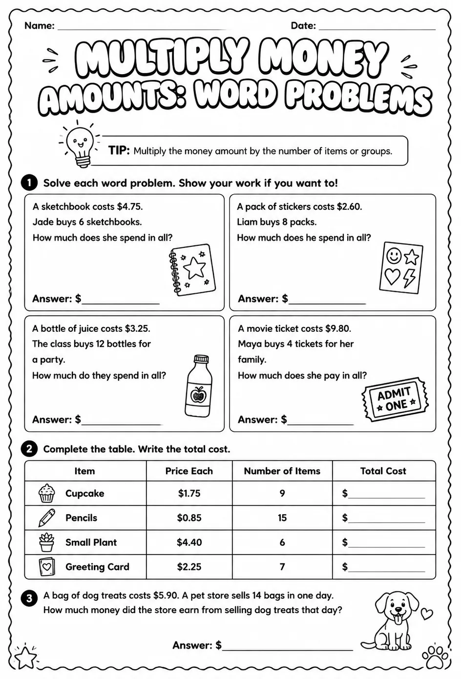 Multiply money amounts: word problems — free printable Grade 5 math worksheet