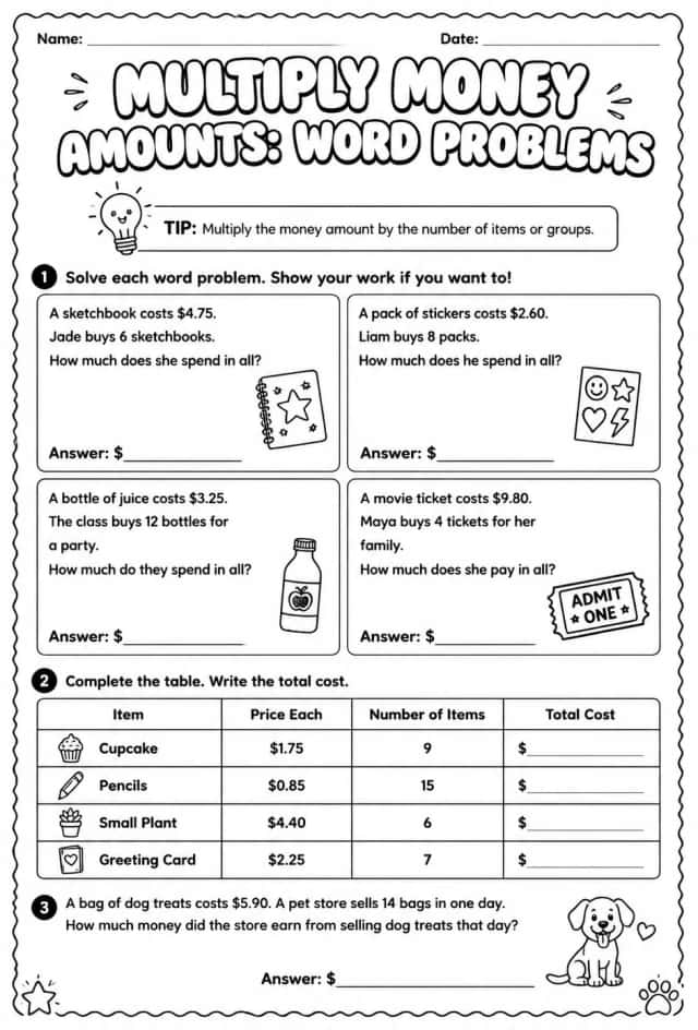 Multiply money amounts: word problems