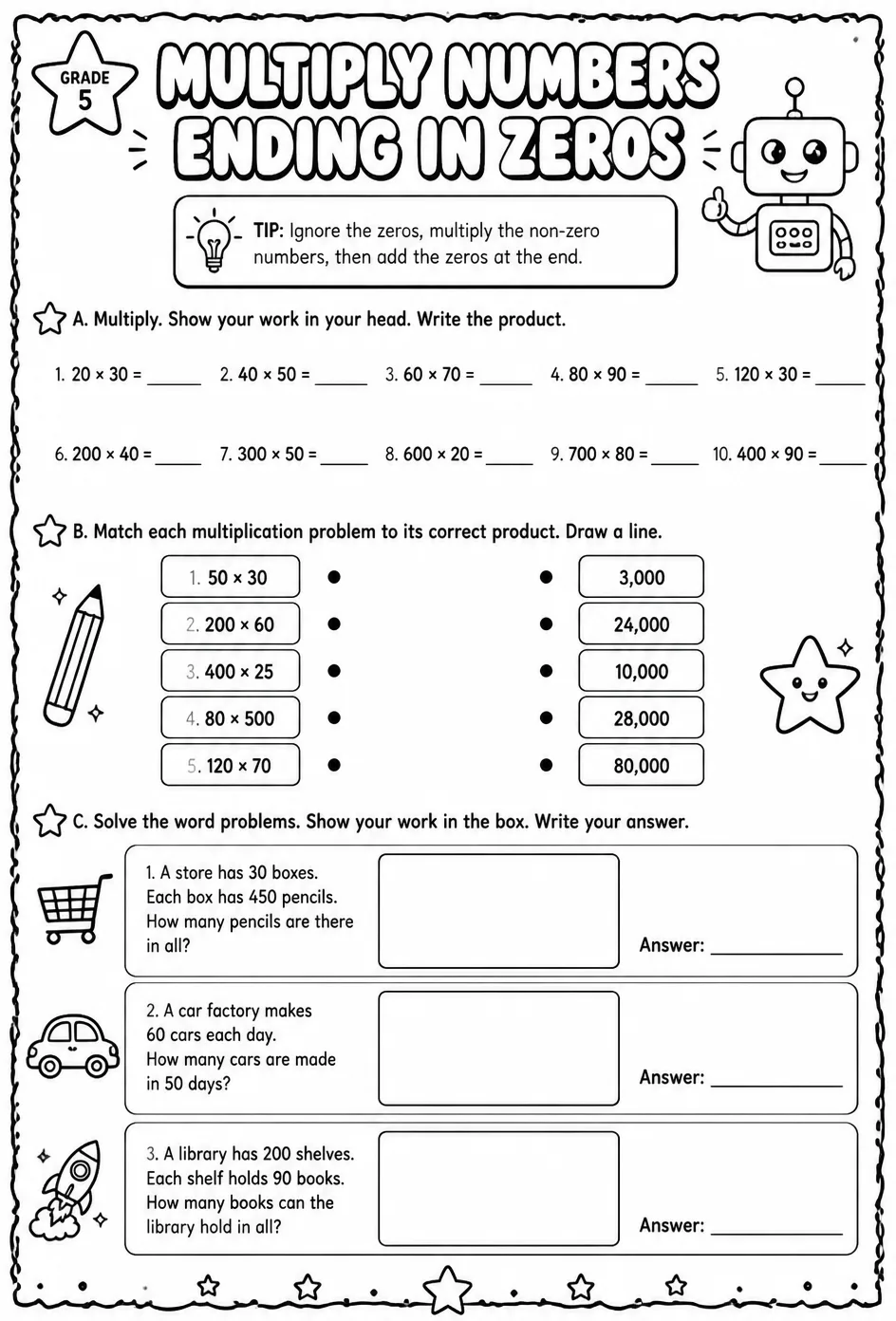 Multiply numbers ending in zeros — free printable Grade 5 math worksheet