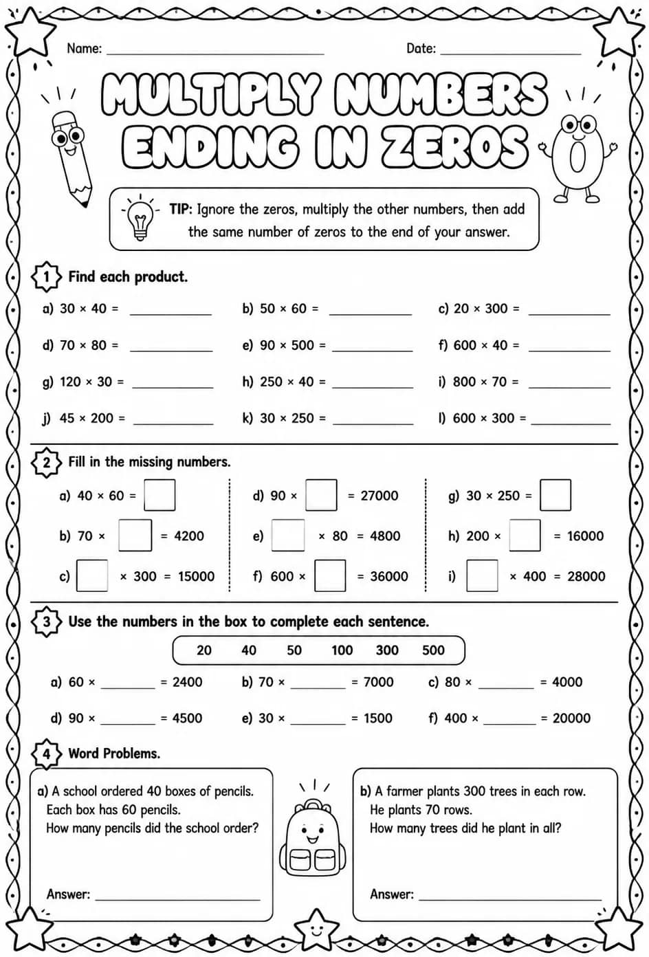 Multiply numbers ending in zeros — free printable Grade 6 math worksheet