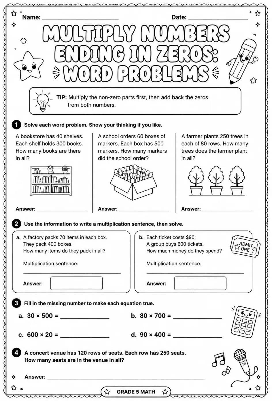 Multiply numbers ending in zeros: word problems — free printable Grade 5 math worksheet