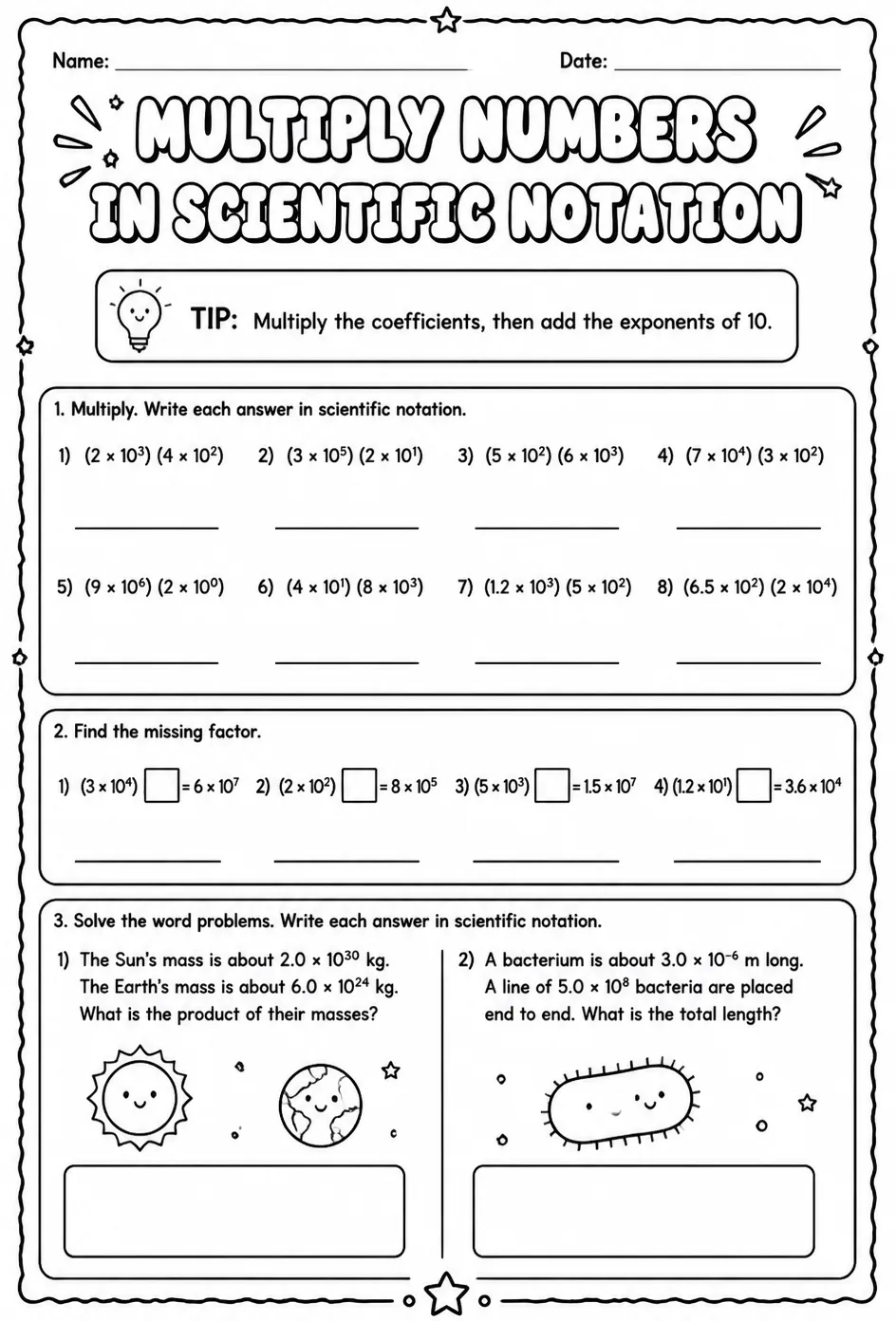 Multiply numbers written in scientific notation — free printable Algebra 1 math worksheet