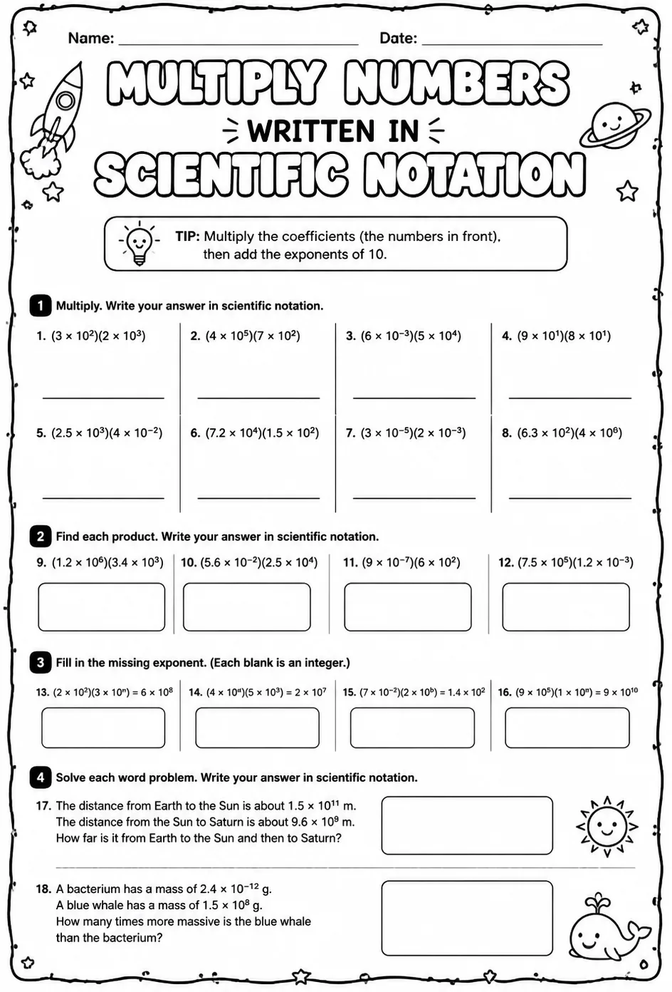 Multiply numbers written in scientific notation — free printable Grade 8 math worksheet