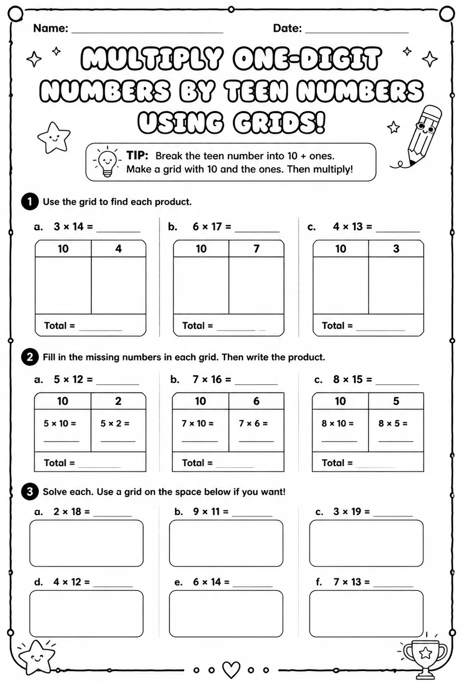 Multiply one-digit numbers by teen numbers using grids — free printable Grade 3 math worksheet