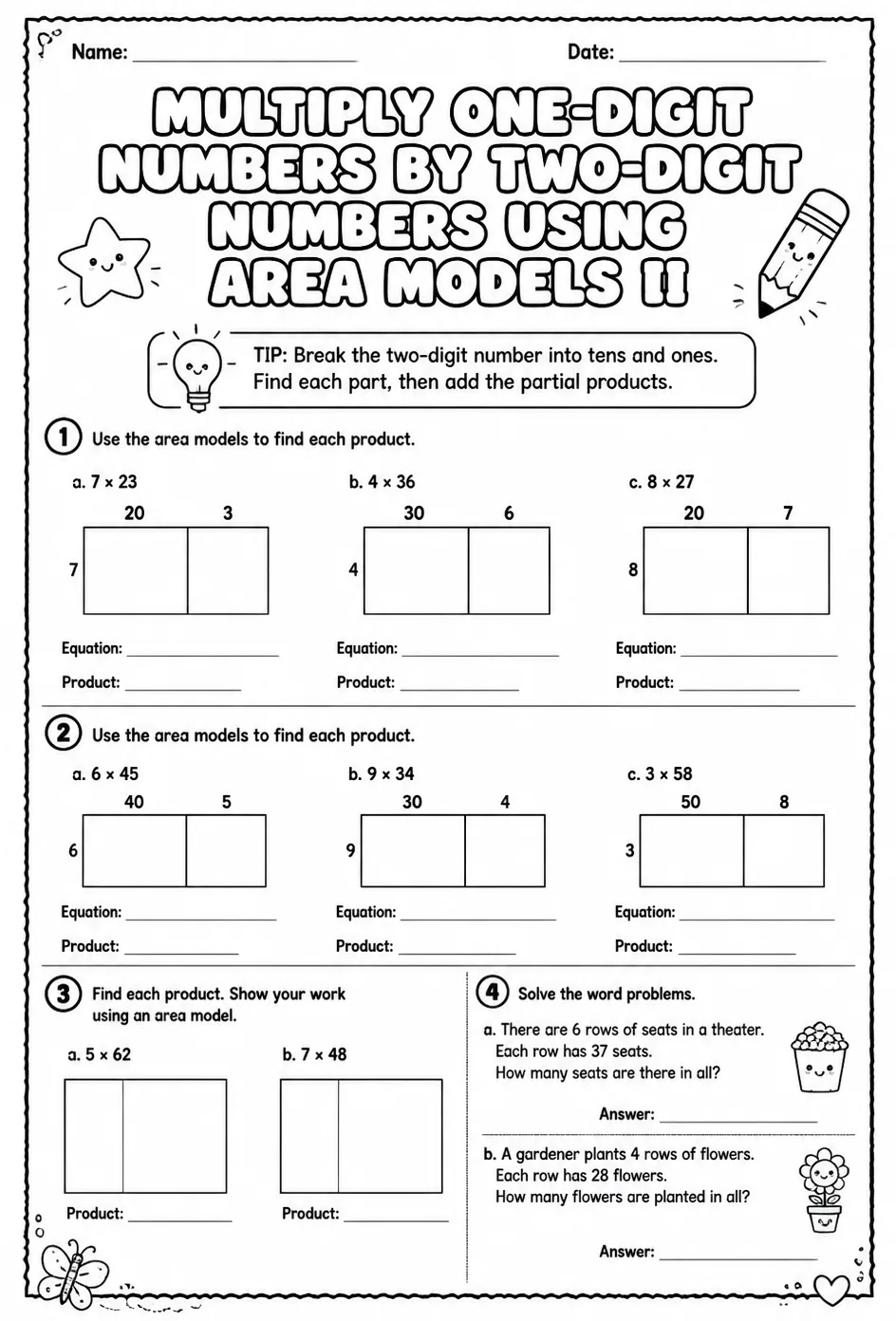 Multiply one-digit numbers by two-digit numbers using area models II — free printable Grade 3 math worksheet