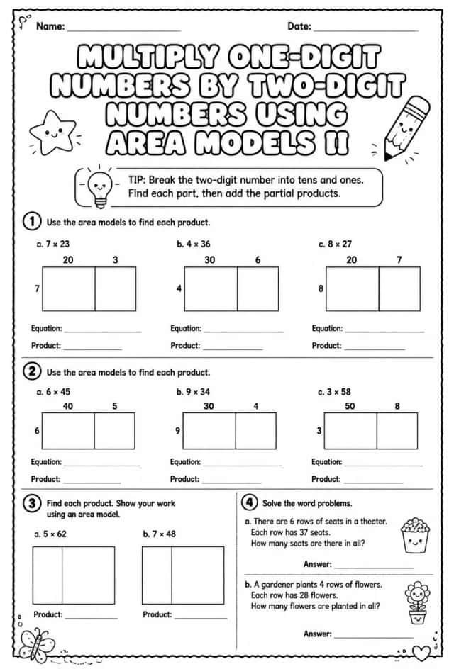 Multiply one-digit numbers by two-digit numbers using area models II