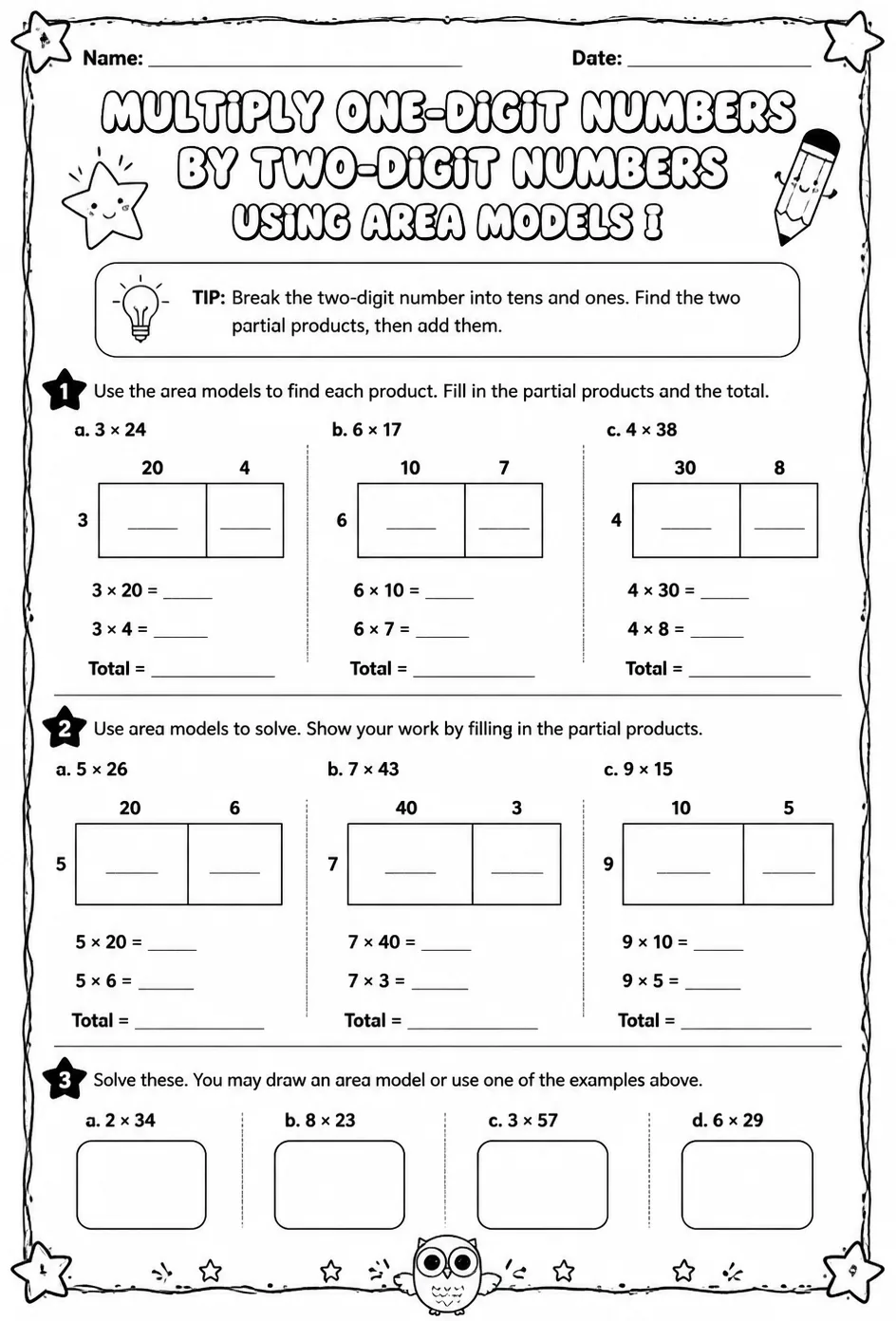 Multiply one-digit numbers by two-digit numbers using area models I — free printable Grade 3 math worksheet