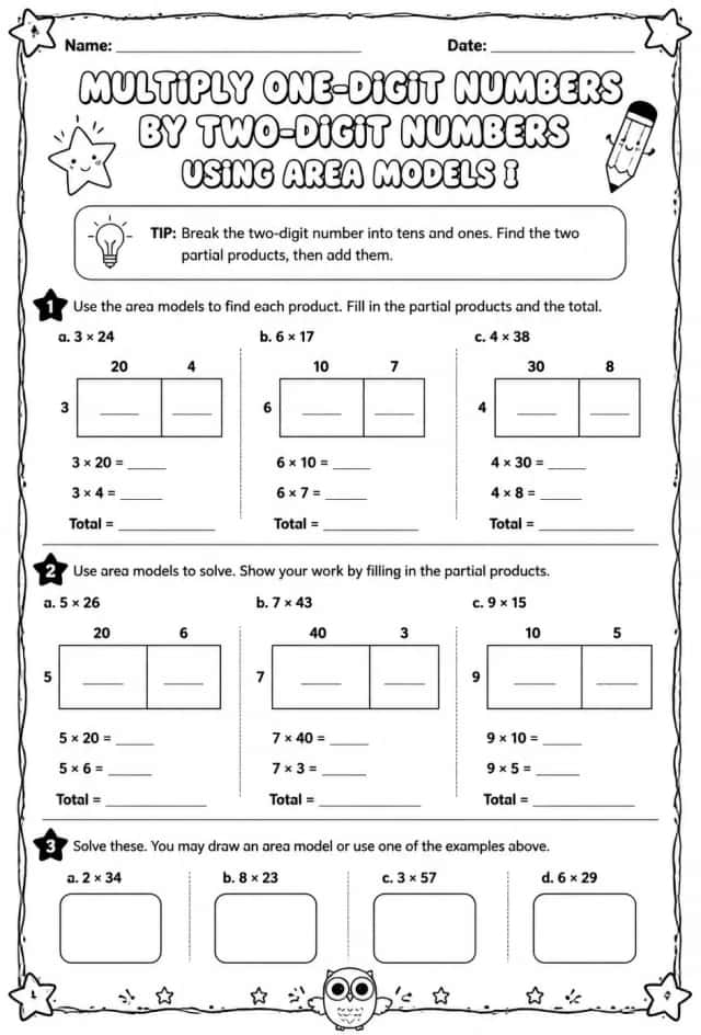 Multiply one-digit numbers by two-digit numbers using area models I