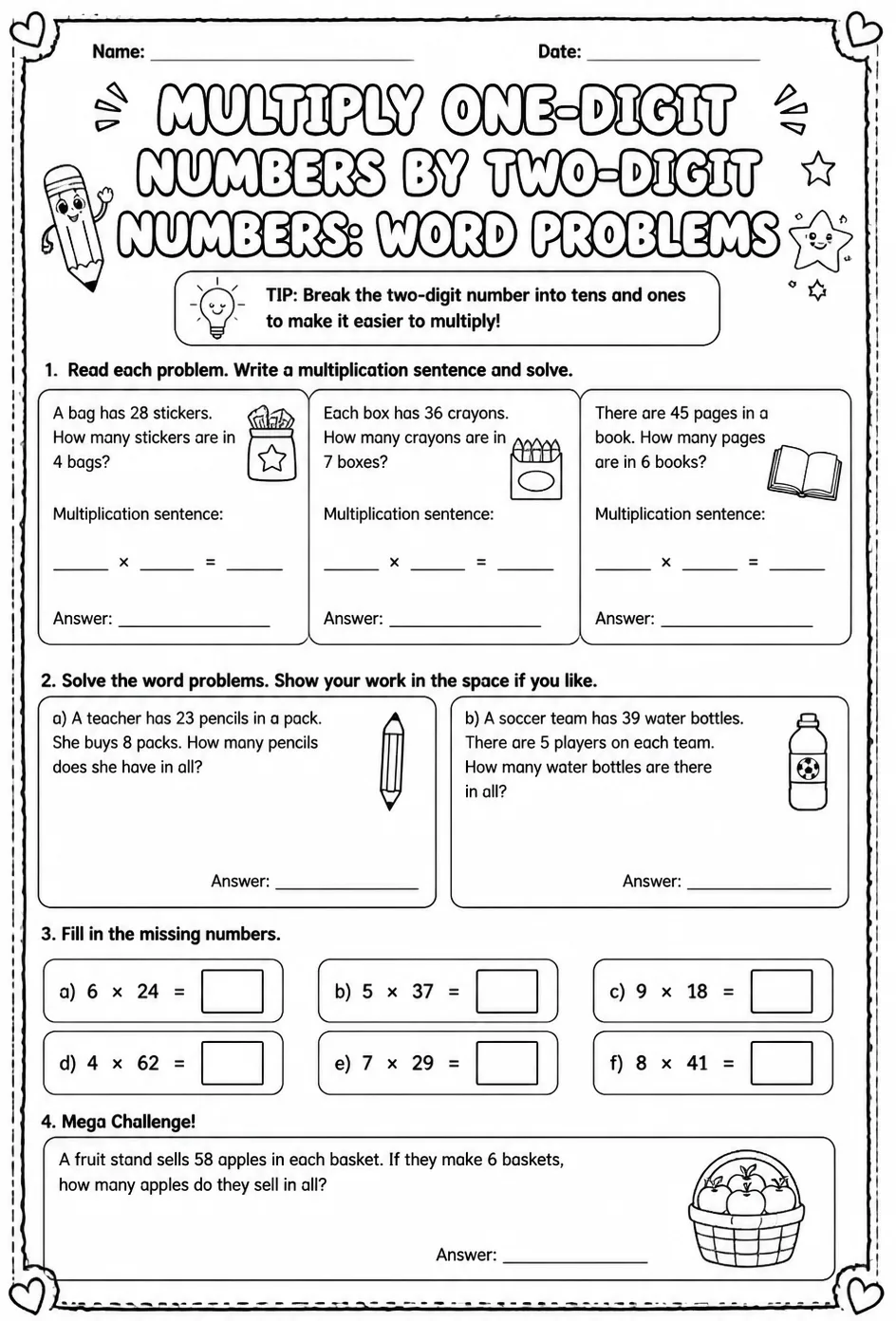 Multiply one-digit numbers by two-digit numbers: word problems — free printable Grade 3 math worksheet
