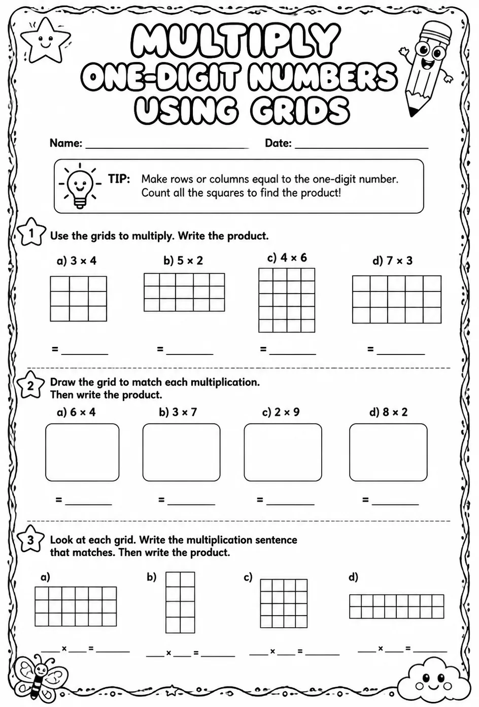 Multiply one-digit numbers using grids — free printable Grade 3 math worksheet