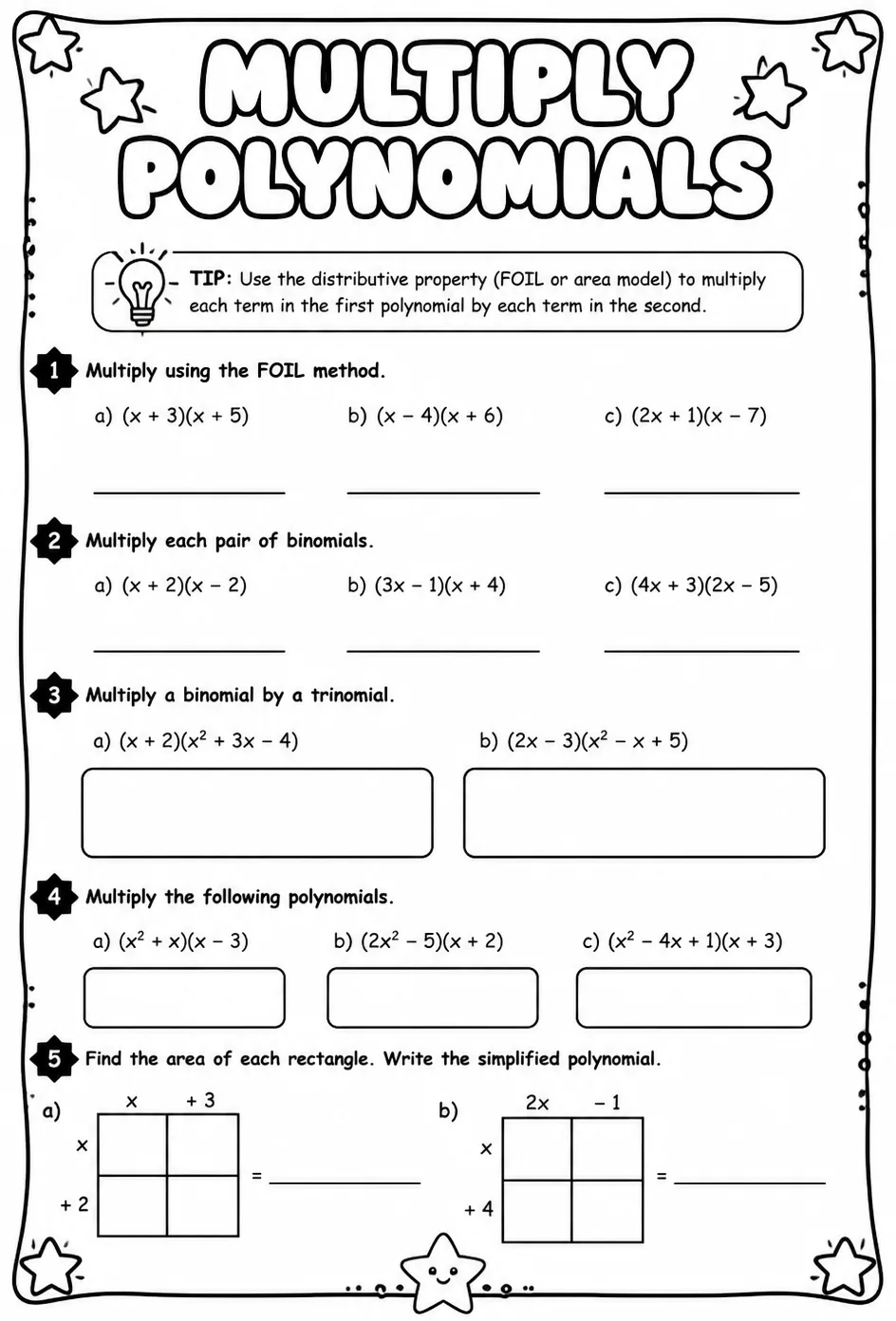 Multiply polynomials — free printable Algebra 2 math worksheet