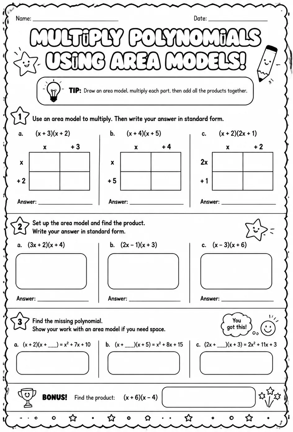 Multiply polynomials using area models