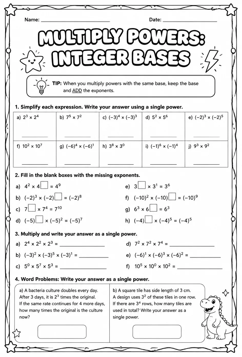 Multiply powers: integer bases — free printable Grade 8 math worksheet