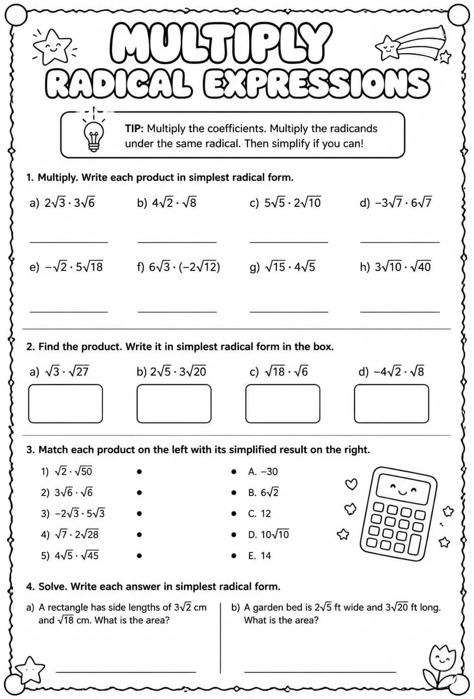 Multiply radical expressions — free printable Algebra 1 math worksheet