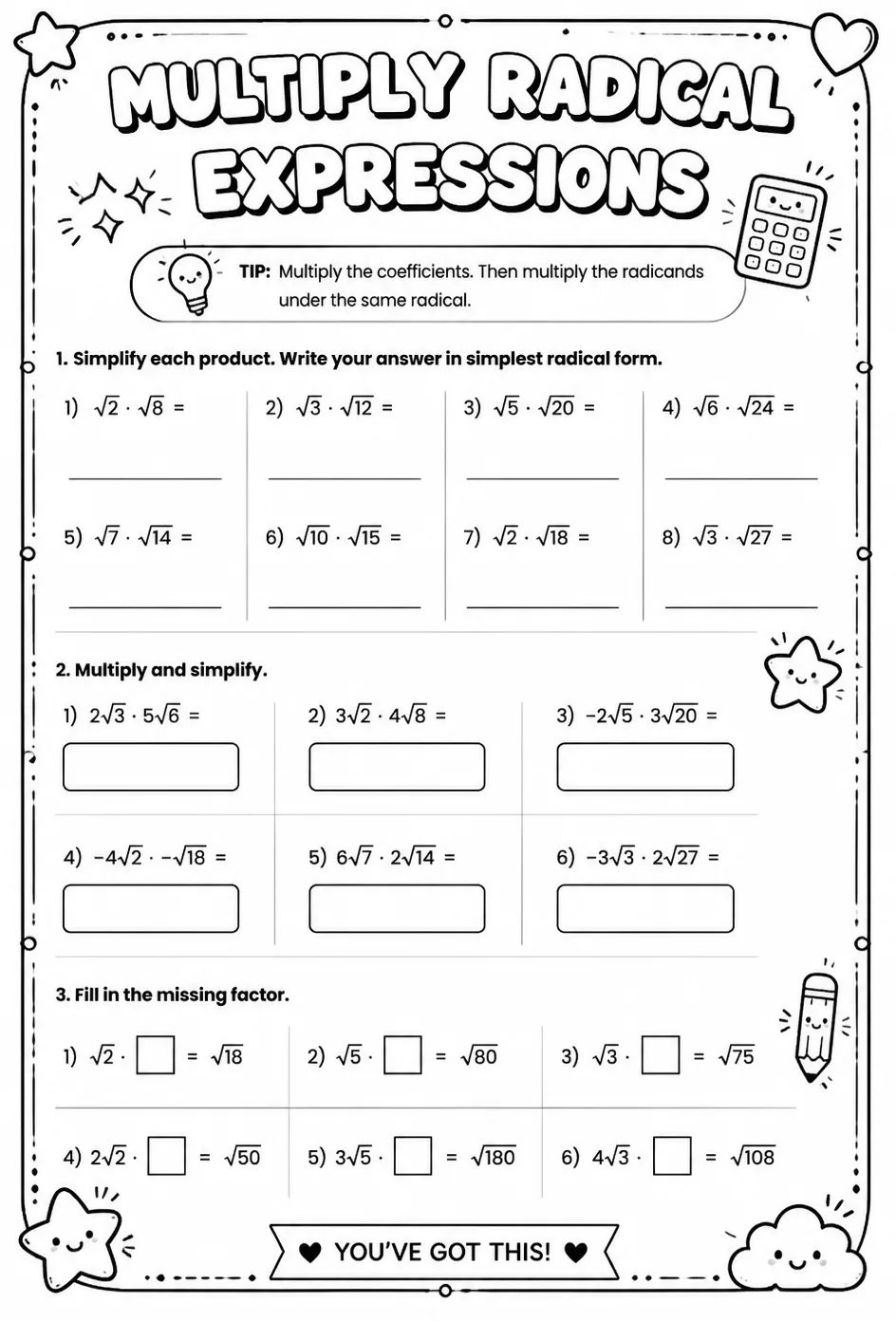 Multiply radical expressions — free printable Algebra 2 math worksheet