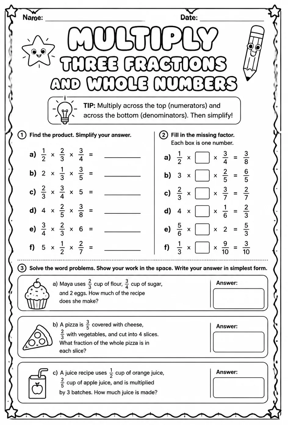 Multiply three fractions and whole numbers — free printable Grade 5 math worksheet