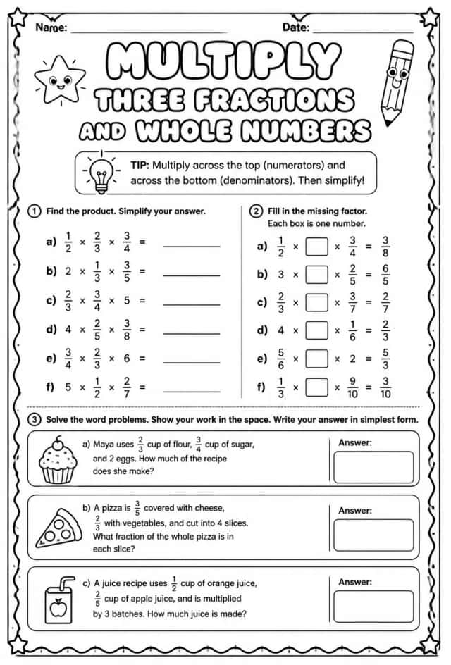 Multiply three fractions and whole numbers